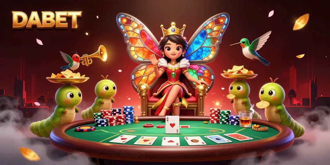 DABET players enjoying a vibrant poker scene with a butterfly queen and colorful chips in 3D.