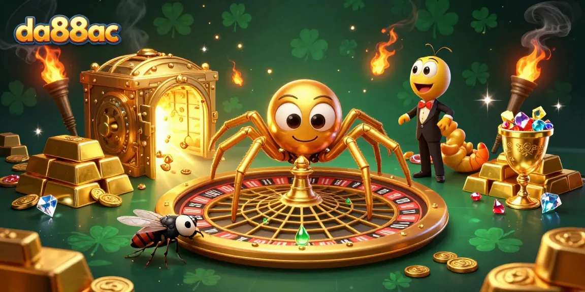Engaging 3D casino scene featuring da88ac with a spider and fly in a golden atmosphere.