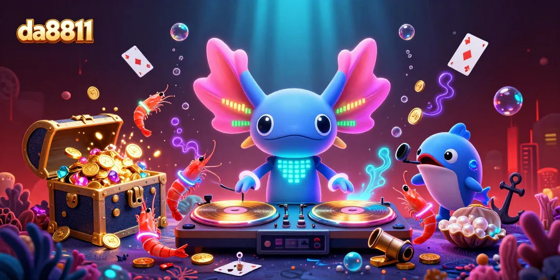 Experience vibrant gaming excitement at da8811 with a neon axolotl DJ and dynamic casino visuals.