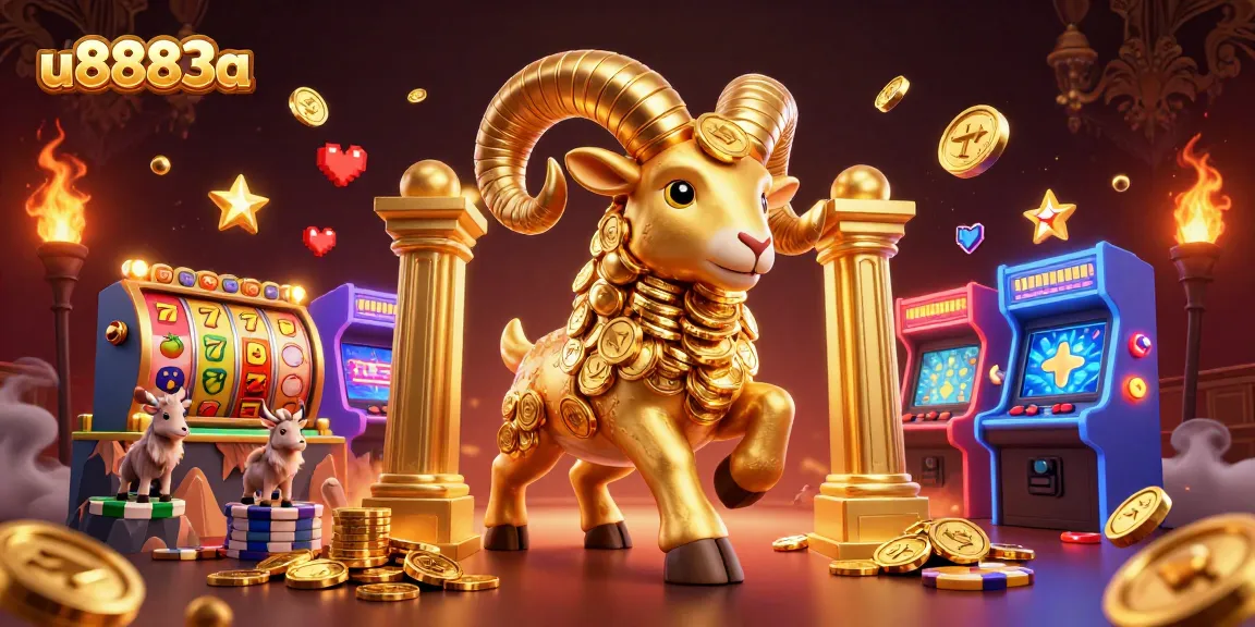 Experience thrilling luck with u8883a's massive golden ram charging towards riches, amidst vibrant slot reels.