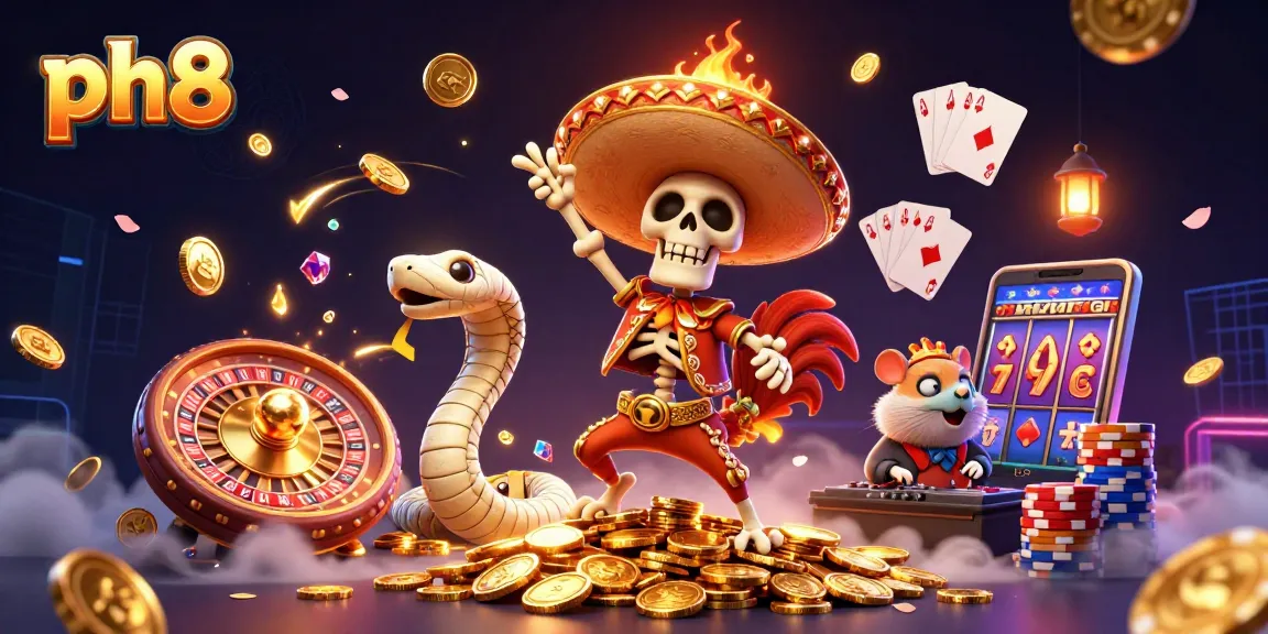 Engage with ph8's thrilling gaming scene featuring a mariachi rooster, mummy snake, and hamster DJ.