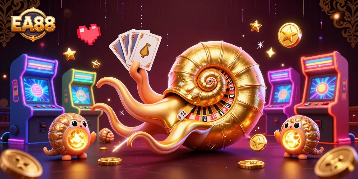 Experience EA88's thrilling gambling action with vibrant characters and game elements in this 3D illustration.