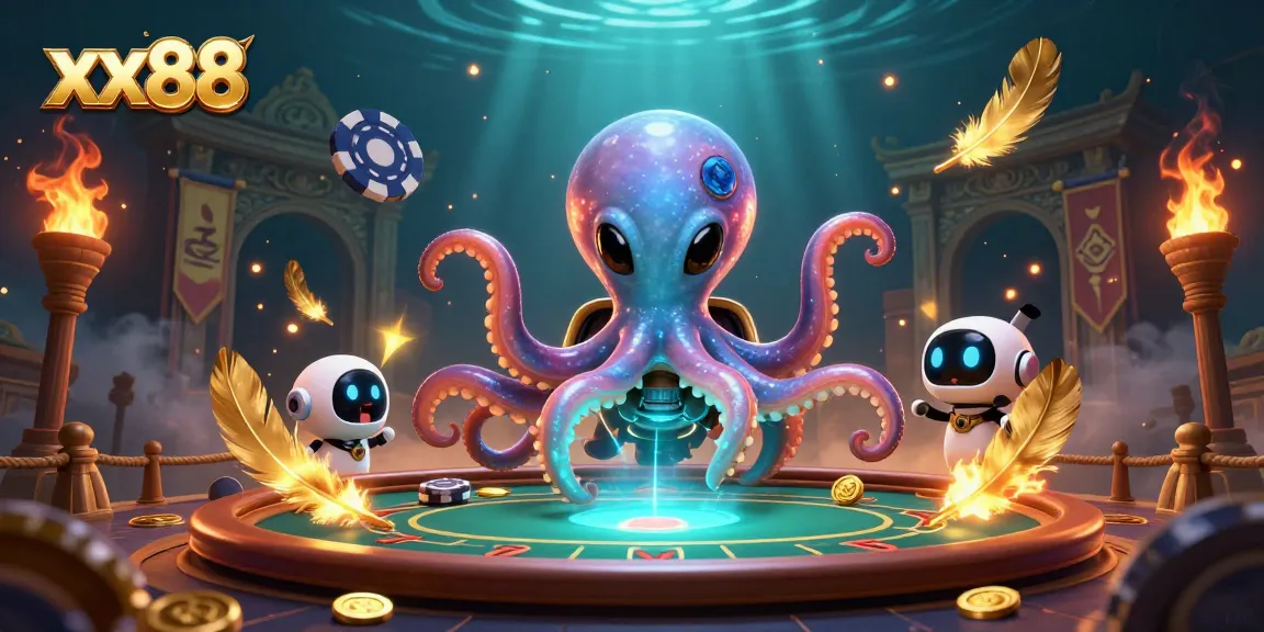 Experience thrilling poker action with the exciting xx88 alien octopus dealer in a 3D gambling scene.
