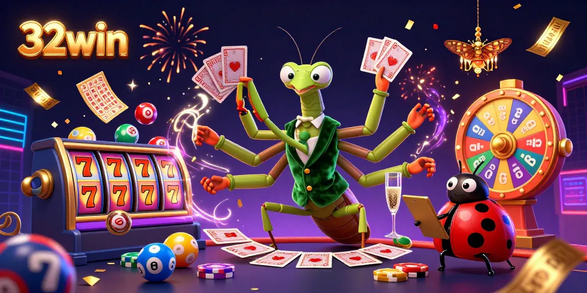 32win attracts gamblers with vibrant slots and engaging casino scenes featuring lively characters.