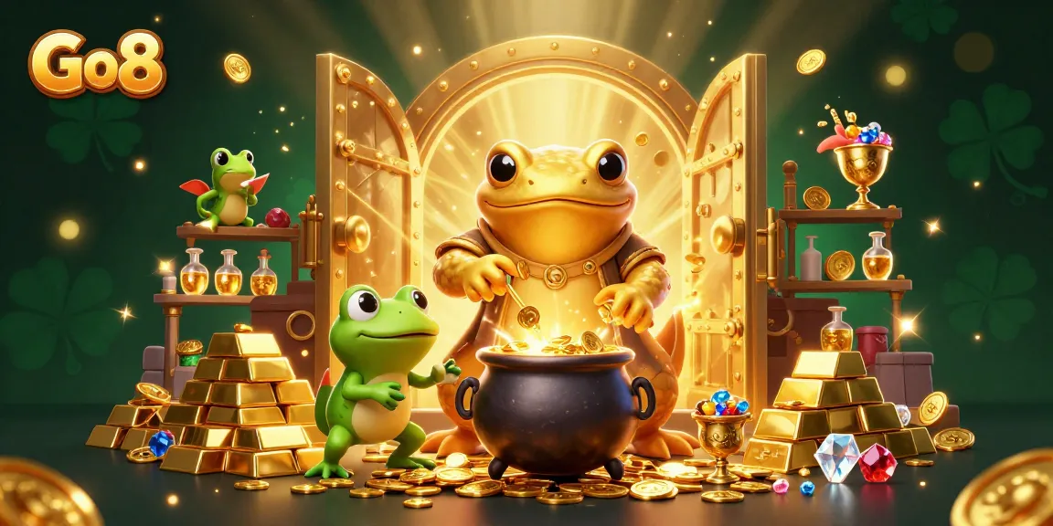 Experience golden winnings with Go8's exciting games in this vibrant 3D illustration.