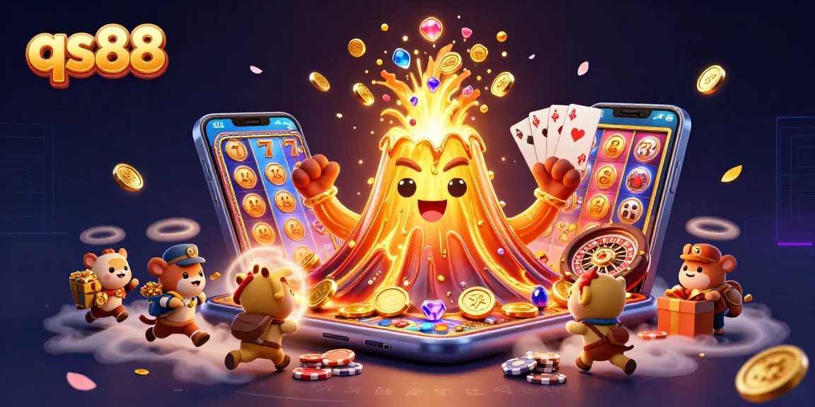Experience the excitement of qs88 with a vibrant volcano fountain pouring treasure amidst casino games.