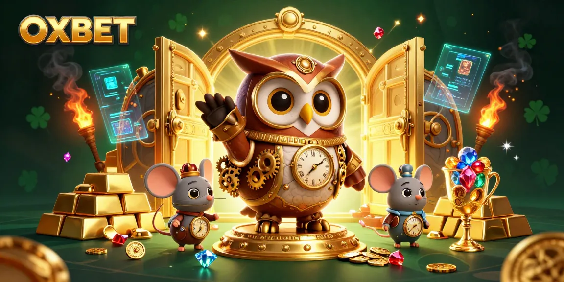 Engage with OXBET’s thrilling casino adventures featuring a time-traveler owl amidst treasures and vibrant gaming elements.