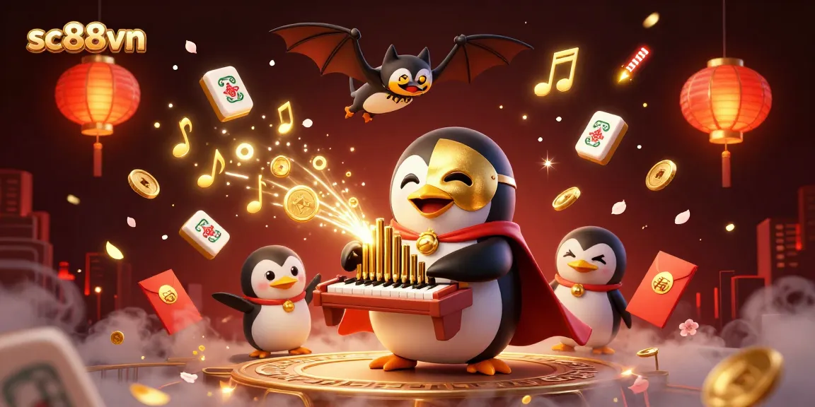 Explore exhilarating opportunities at sc88vn with vibrant gambling elements including a penguin playing an organ.